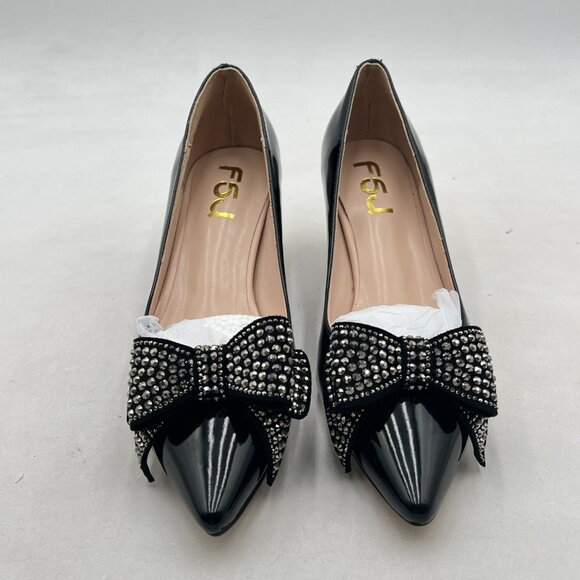 FSJ Black Pointed Toe Crystal Pump Rhinestone Bow Block Low Heel Slip On Shoes - Picture 3 of 8